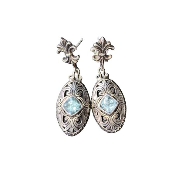 New Sterling Silver and Fleur-de-lis Blue Topaz  Dangle Drop Earrings - Picture 6 of 8